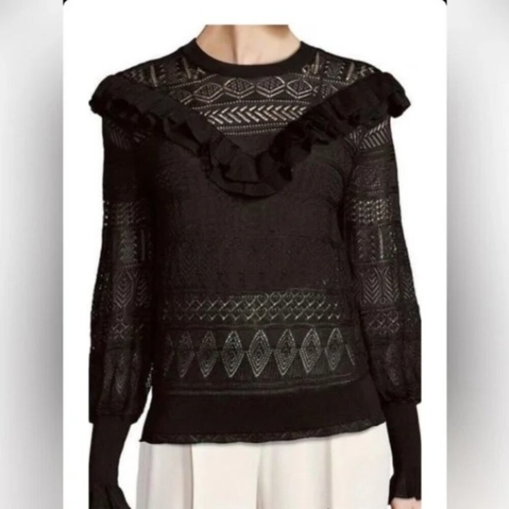 Like New 🖤 Ronny Kobo Stretch Ruffle Knit Sweater in Black Sz XS